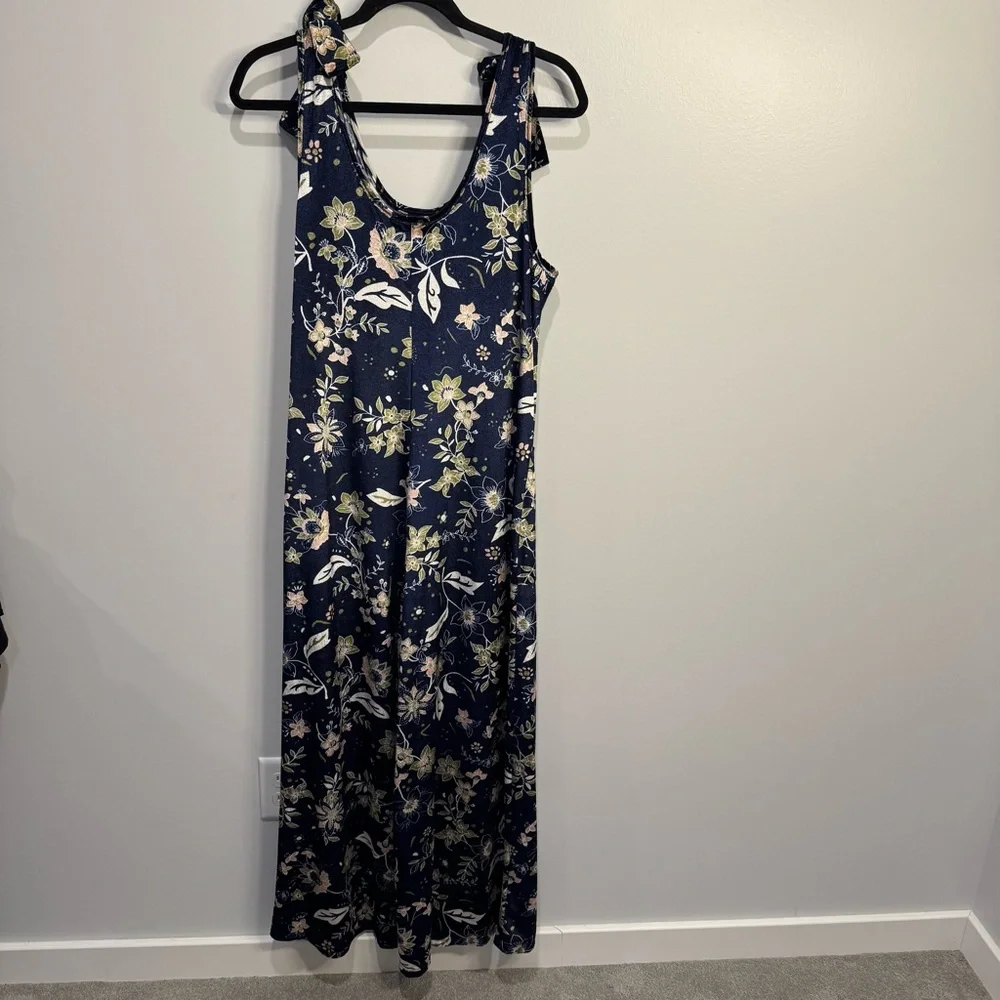Earthbound Blue‎ Floral Sleeveless Velvet Wide Leg Stretch Jumpsuit Pockets